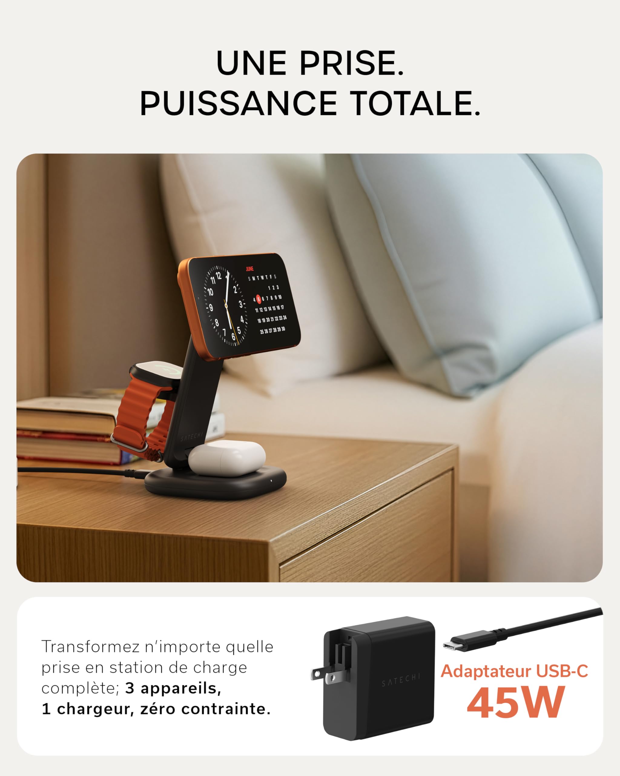 SATECHI Chargeur Magnétique Qi2 3 en 1 Pliable, 25W, Noir Sidéral | 45W adaptateur USB-C inclus, pour iPhone 17, Apple Watch Series 11 et AirPods compatibles avec la charge sans fil
