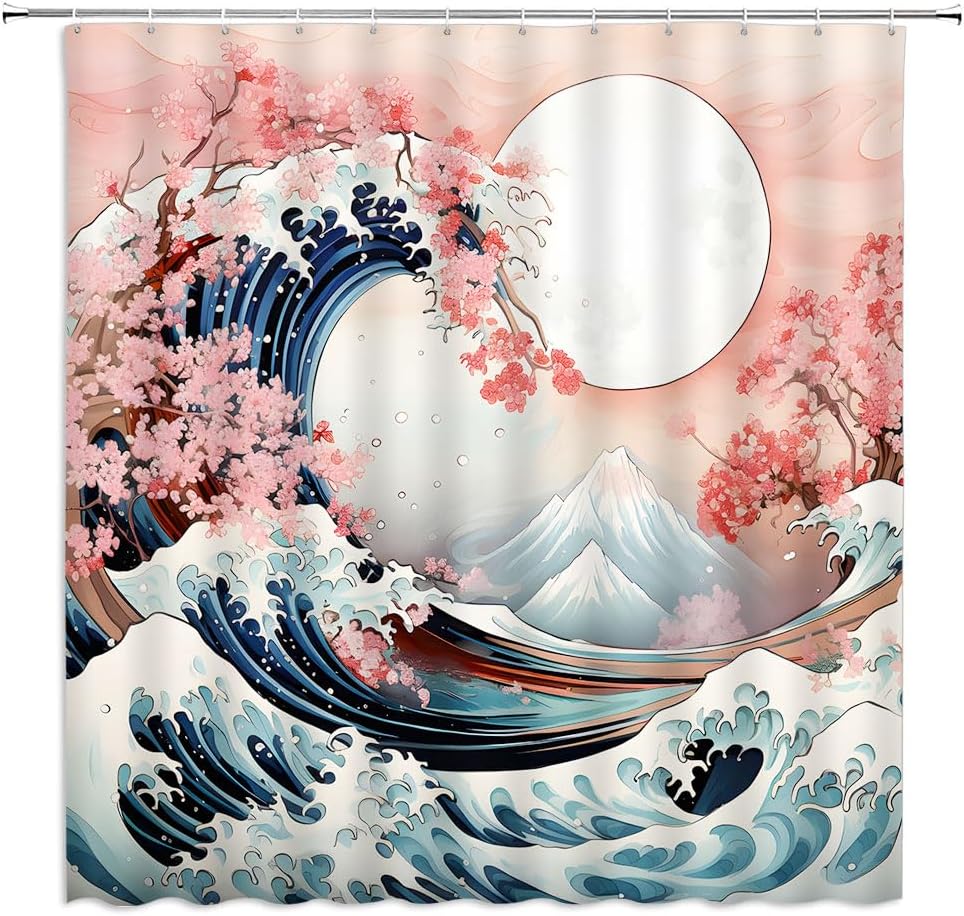 Amazon.com: FILMILIL Japanese Great Wave Shower Curtain Kanagawa Asian Sea Waves Ocean Cherry ...