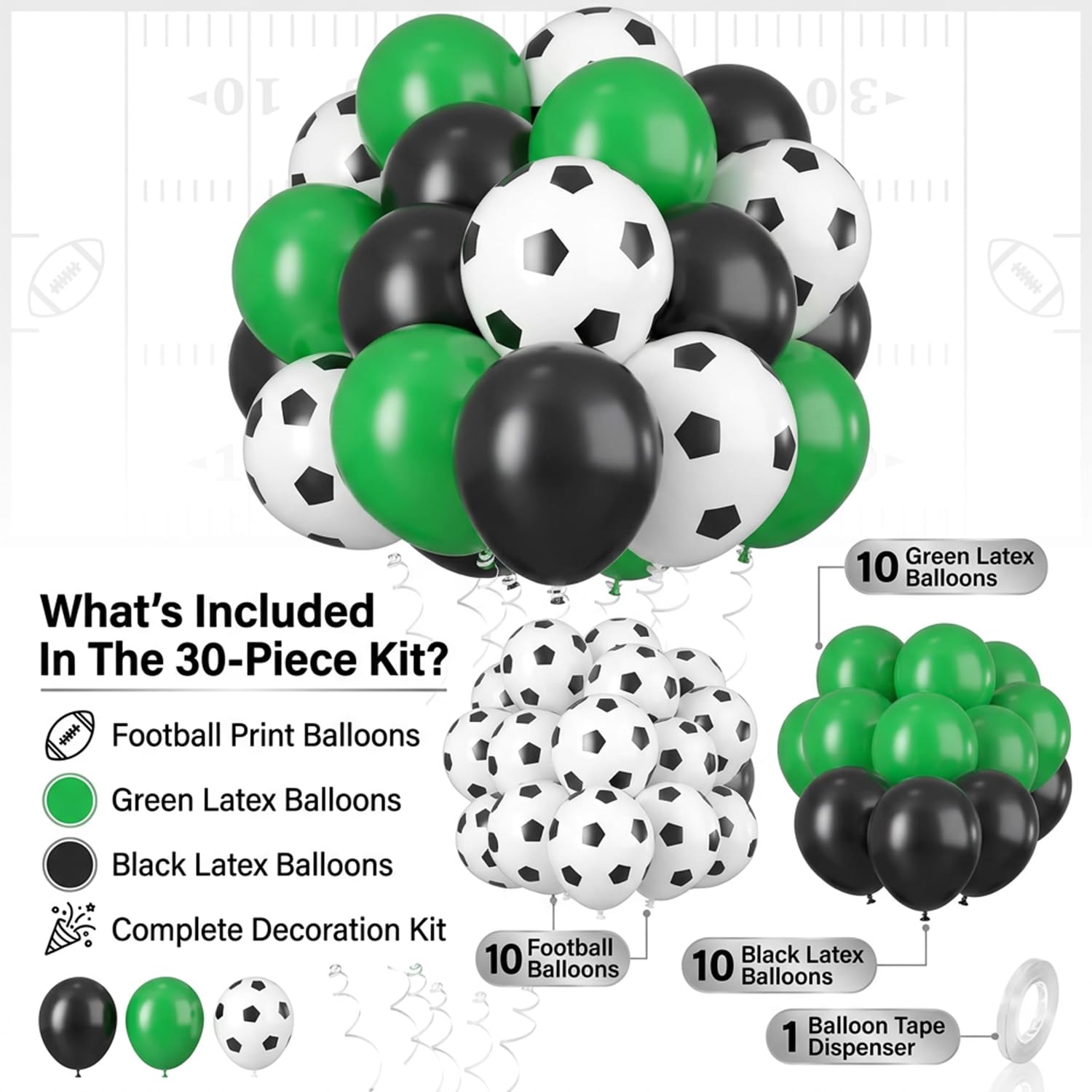 Atpata Funky 30pcs. Football Theme Latex Balloons - Foot Ball Theme Balloons for Kids Sports Themed Birthday Party Decor and Goal theme Celebrations (Green & Black Football Kit)