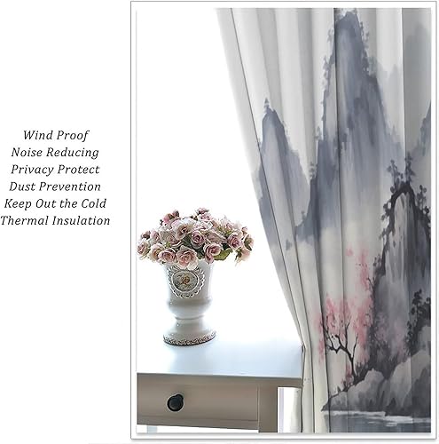 Miniatura 5 de JESTRONRY Cortinas japonesas para ventana, flor de cerezo de primavera, anime asiático, pintura de tinta oriental, montañas, paisaje, tema del