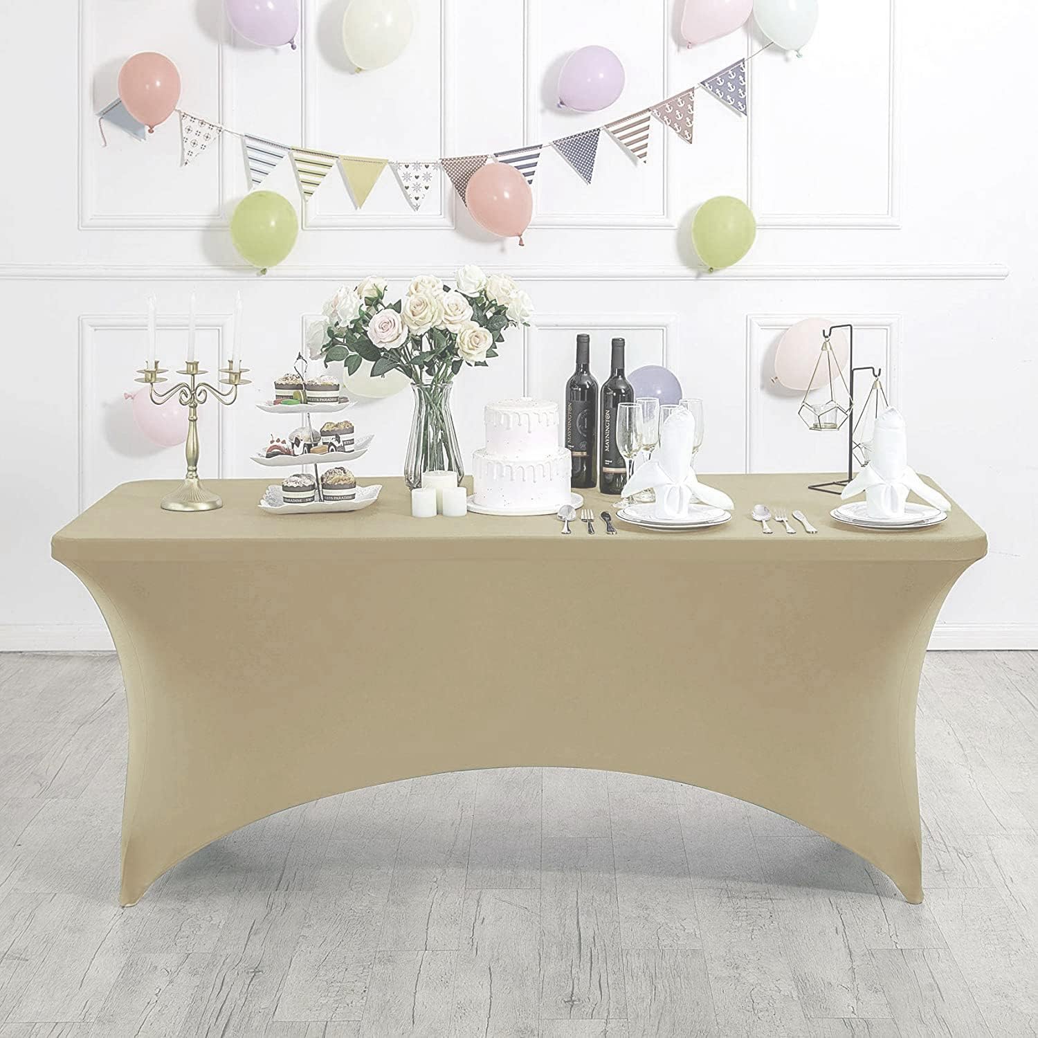 MDS Pack of 5 Spandex Tablecloth 4FT Tight, Fitted, Washable and Wrinkle Resistant Stretch Rectangular Patio Table Cover for Wedding,Event,Banquet & Parties [48Lx30Wx30H Inch] - Champagne Gold