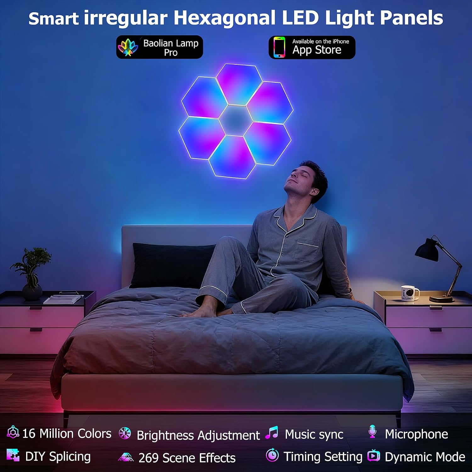 Glide Iregular Hexagon LED Light Panels, 6 Pack Smart RGB+IC Hexa Modular Wall Panels with APP & Remote, 16 Million Colors, Music Sync, Gaming Lights for Bedroom Living Room Kids Room Party Decor