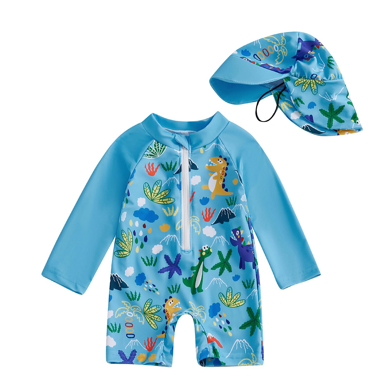 Toddler Baby Boys Swimsuit Long Sleeve One Piece Zipper Bathing Suit Swimwear Rash Guard with Sun Hat (Sky Blue, 3-4 Years)