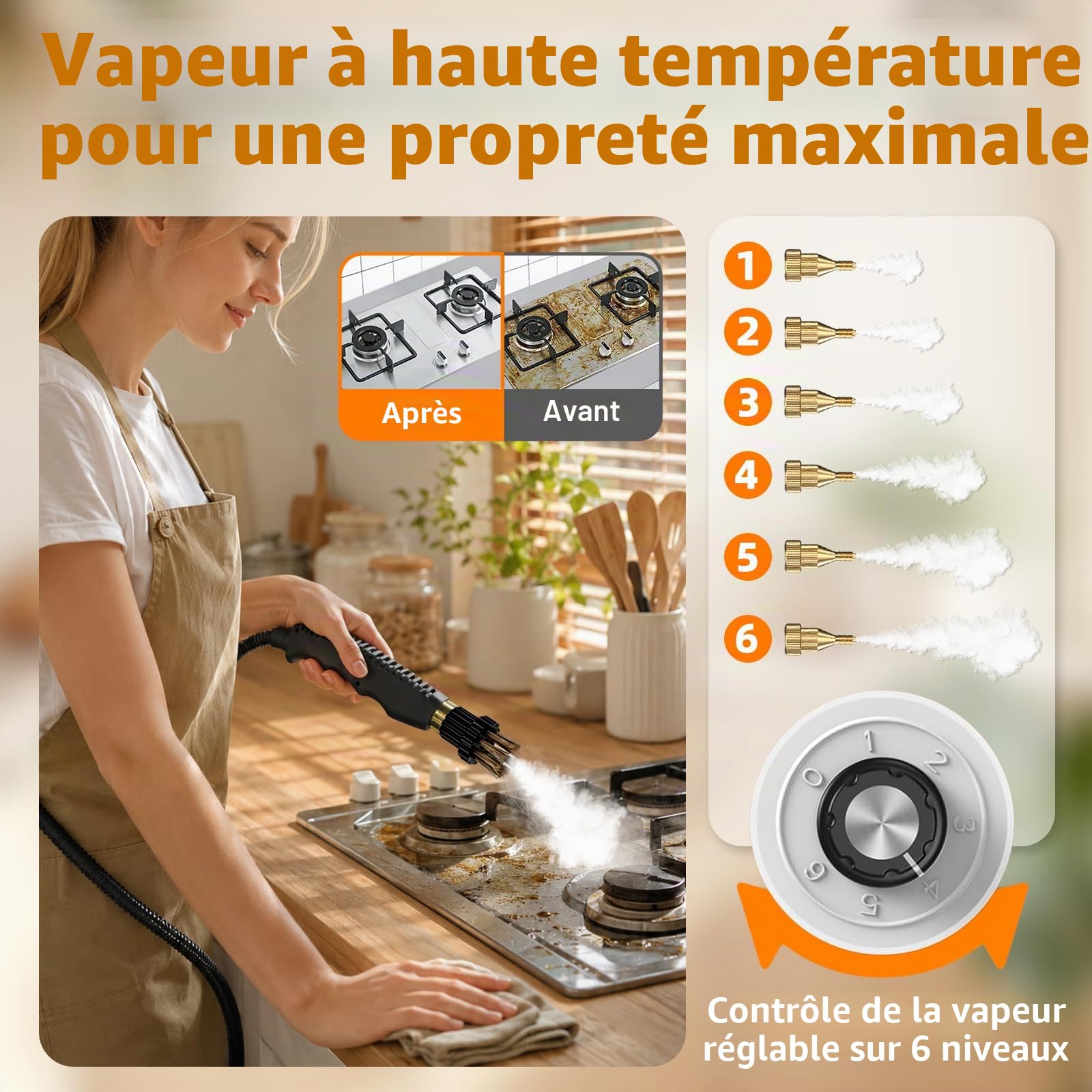 Nettoyeur Vapeur,Nettoyeur à Vapeur Portable 2500W Haute Pression,6 Niveaux de Réglage,Chauffage Rapide 10s,Réservoir D'eau 1L,Pour Cuisine, Salle de Bain, Auto, Sols Haute Pression Steam Cleaner