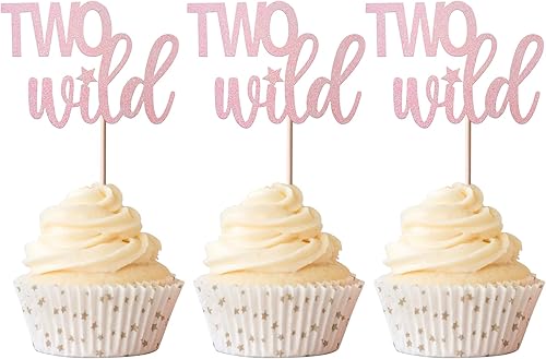 Rsstarxi Paquete de 24 unidades de dos decoraciones de magdalenas salvajes con purpurina rosa para bebé niña niño segundo cumpleaños para celebrar a