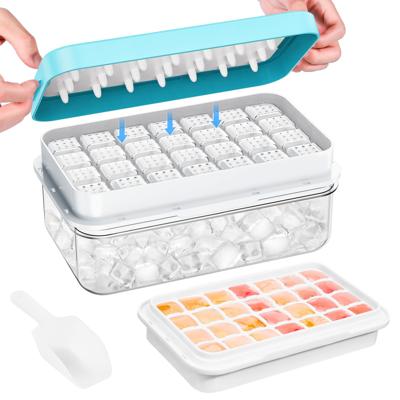 Ice Cube Tray with Lid and Bin, 28 pcs Ice Cubes Molds, Ice Trays for Freezer, Ice Cube Tray Mold, with 1 tray, Ice Freezer Container, Spill-Resistant Removable Lid & Ice Scoop, for Whiskey,Cocktail