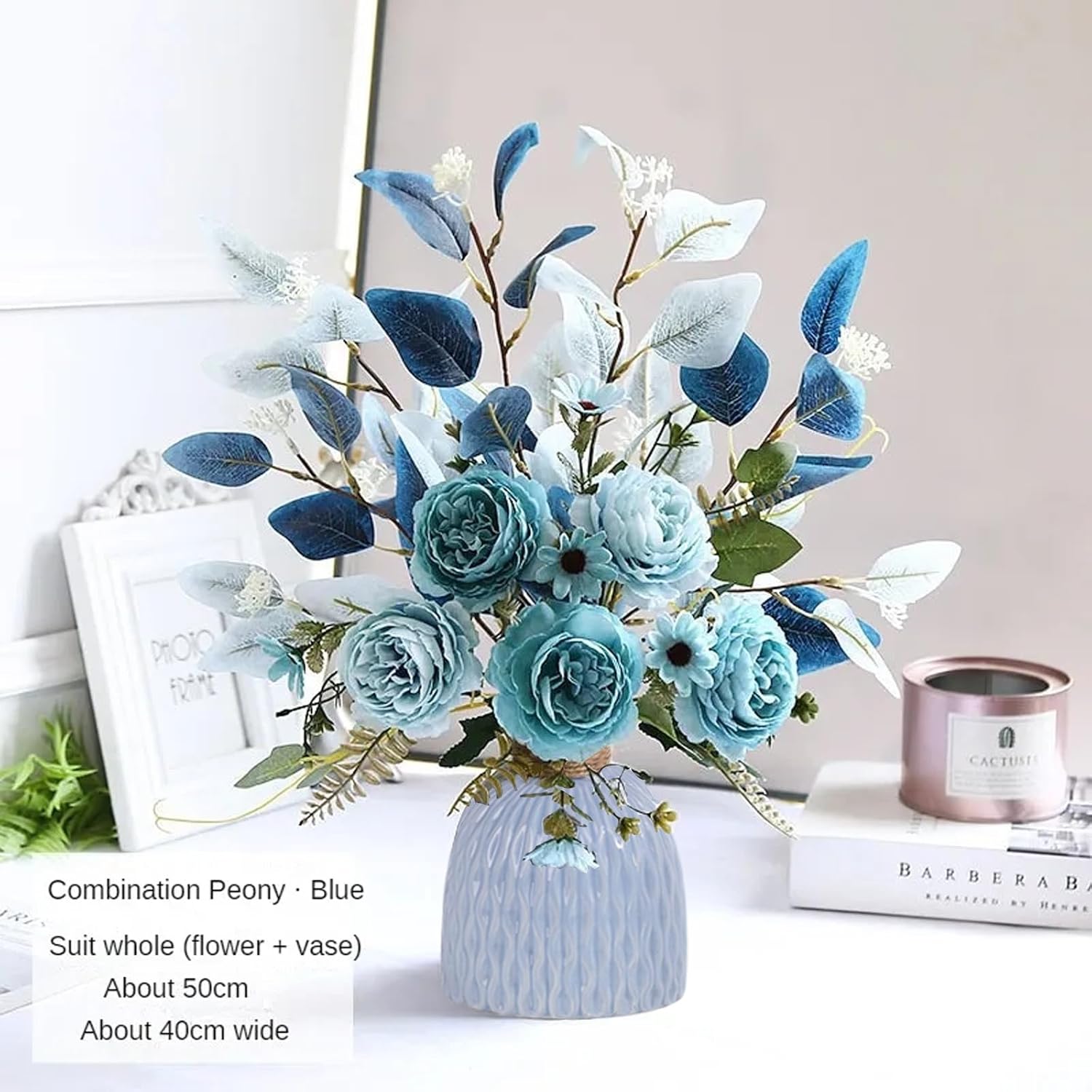 Fake Flowers Artificial Blue Flowers with Vase, Peony Flower suitable for home decoration,Table Centerpieces for Dining Room, Silk Flower Arrangements for Home, Living Room Bathroom Plant Decor (Blue)