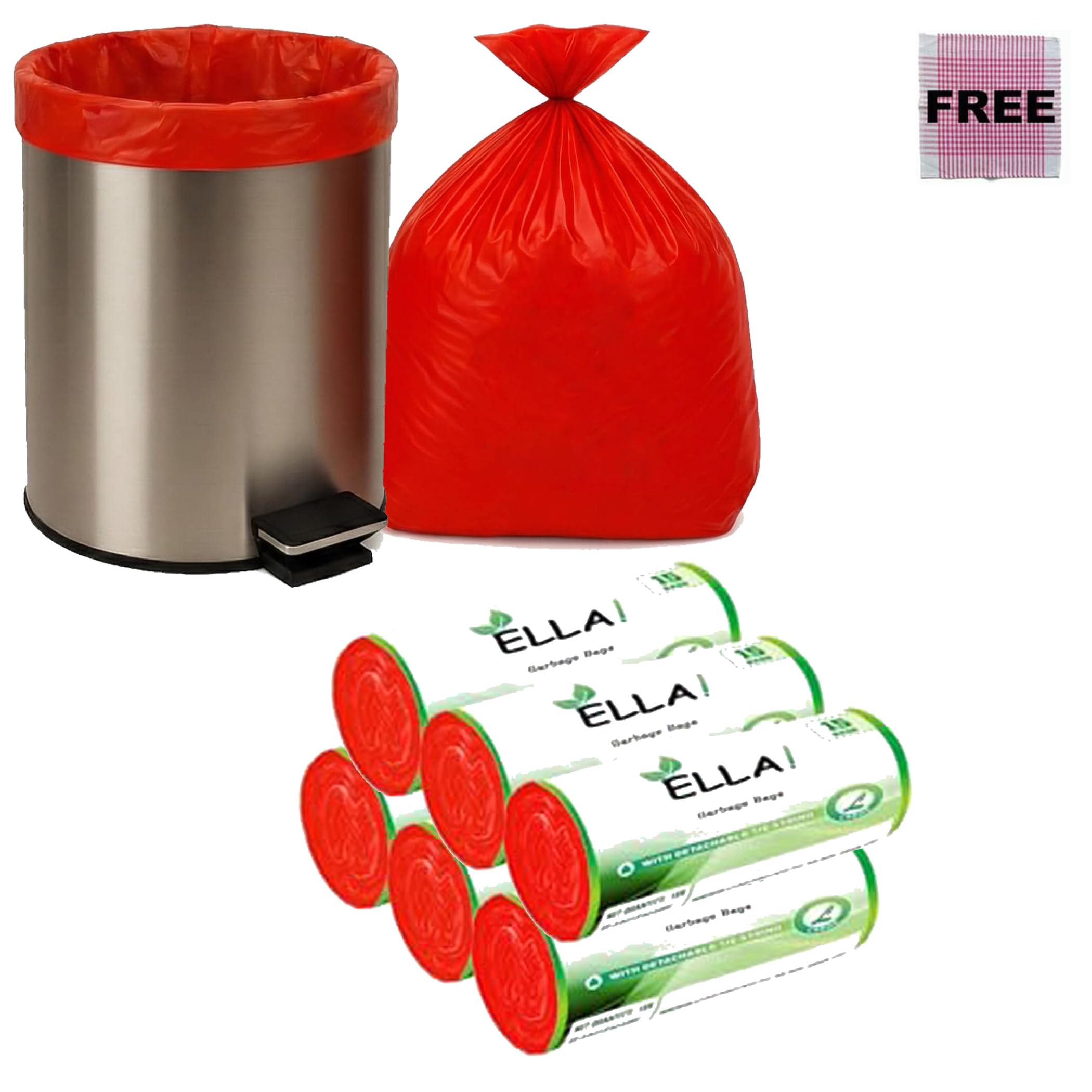 ELLA Garbage Bags 24 x 32 Inches Large Size 90 Bags 6 Rolls Red Color Leak Proof Dustbin Covers for Home Kitchen Bathroom Office and Daily Waste Disposal Use With Check Duster Cloth Free