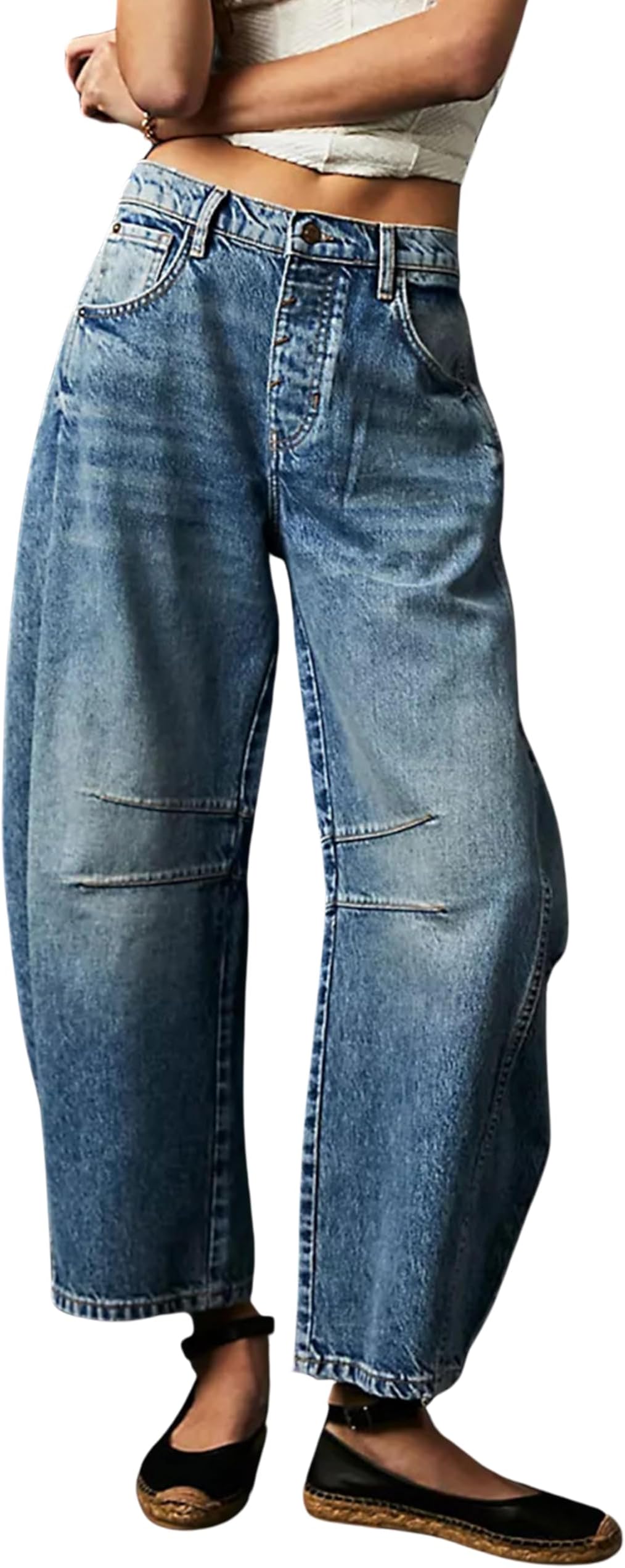 Women's Baggy Jeans Wide Leg Mid Waist Denim Pants Boyfriend Cropped Barrel Jeans with Pockets