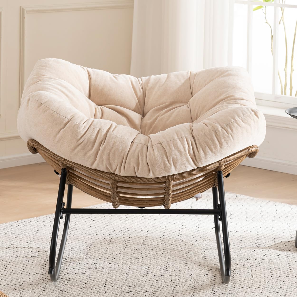 Fotel bujany, szenilowe, tapicerowane krzesło akcentujące, 90 x 107 x 83 cm, z wysokiej jakości wyściółką, nowoczesne krzesło bujane, ergonomiczne, do sypialni, salonu, mieszkania, beżowe