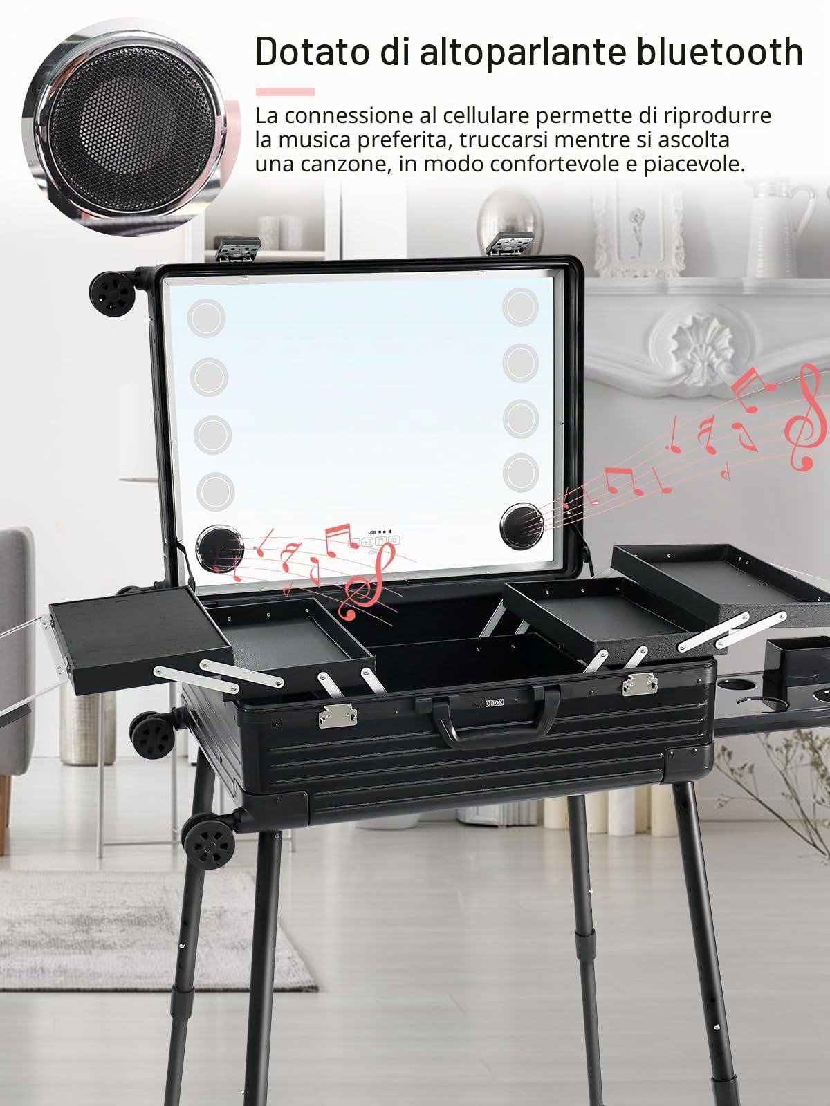 EBANKU Valigetta per Trucchi, 24in PC Valigia da Trucco Professionale Grande Beauty Case Porta Trucchi da Viaggio Telaio con LED Lighted Mirror Bluetooth, 4 Pulsanti di Visualizzazione (Nero)