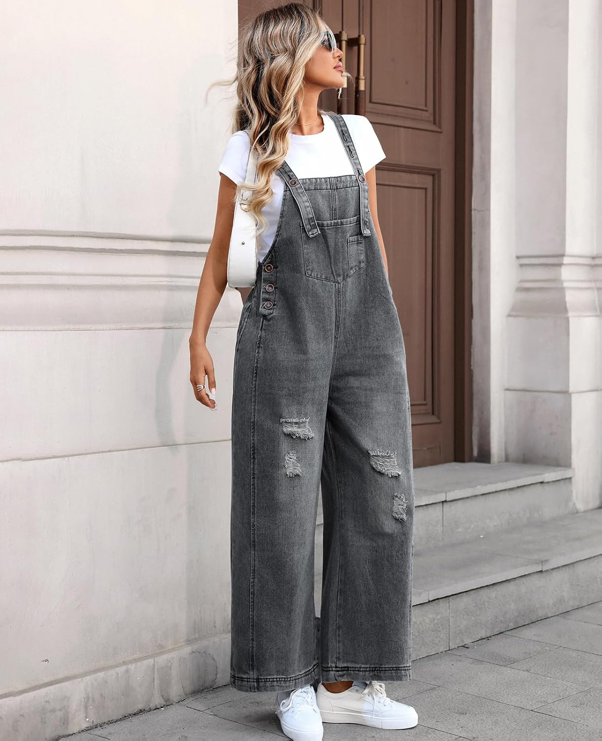 Women's Loose Adjustable Strap Denim Bib Overalls Jeans Distressed Ripped Wide Leg Baggy Overall Jumpsuit - Image 3