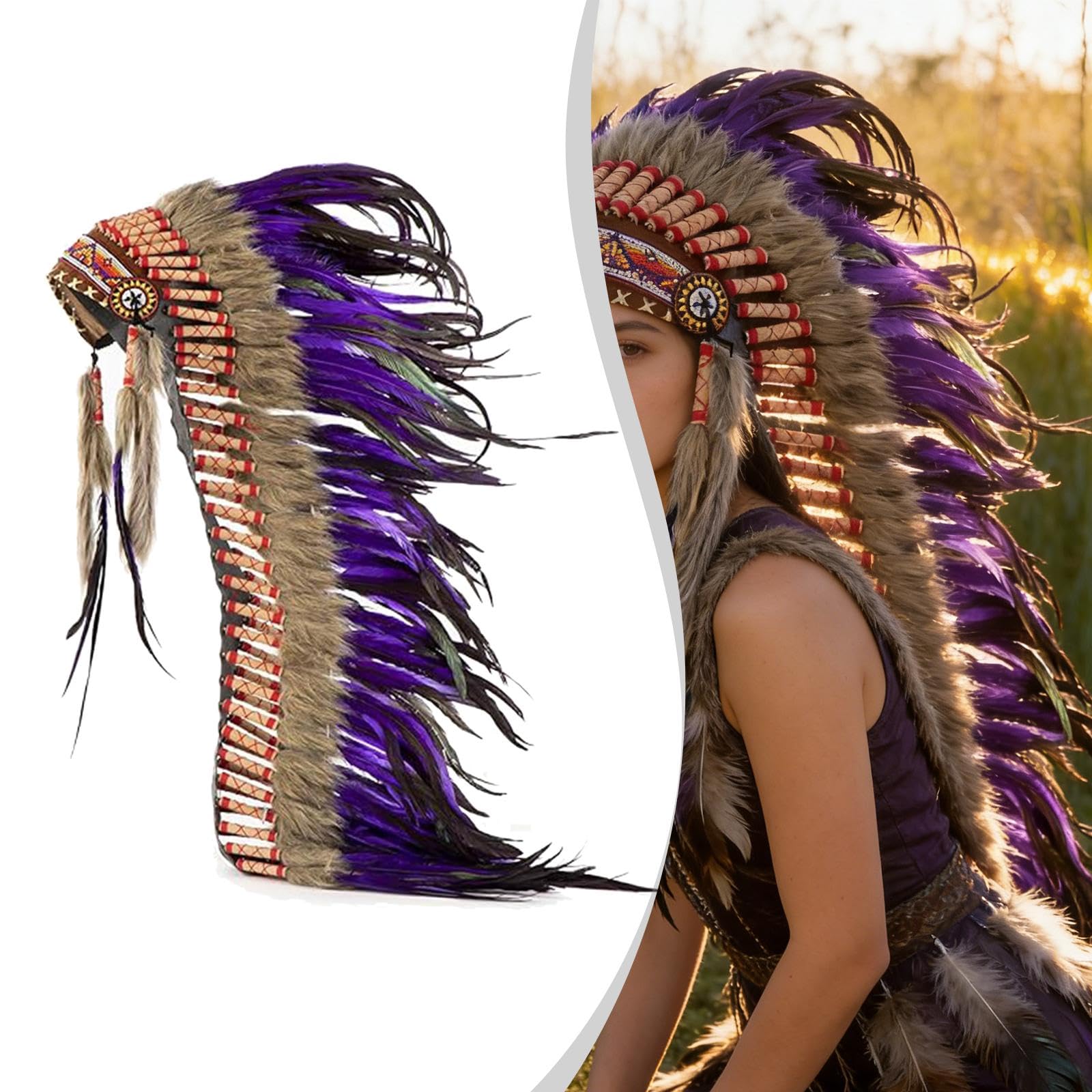 Indio Sombrero Plumas Artificiales Cinta Tela Tradicional Accesorio para Fiestas Temáticas Disfraces de Carnaval Shows de Danza Sesiones