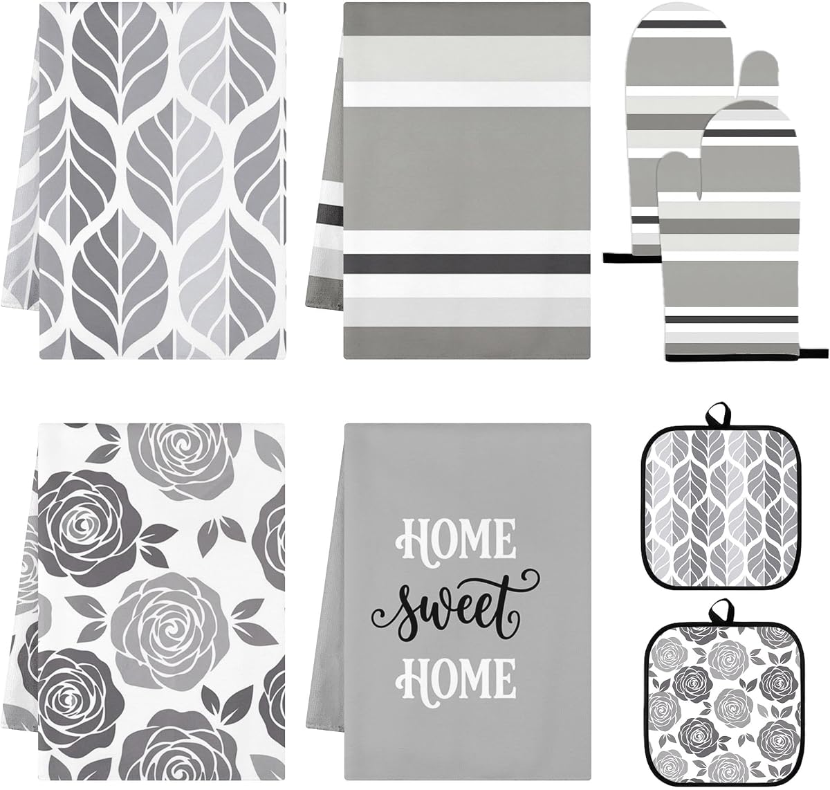 Grey Floral Kitchen Decor Set, Gray Rose Kitchen Towels, 8 Pcs | Farmhouse Dish Towels with Oven Mitts and Pot Holders Sweet Home Accessories Decorations for Home Cooking Baking Gift