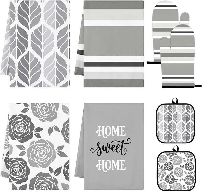 Grey Floral Kitchen Decor Set, Gray Rose Kitchen Towels, 8 Pcs | Farmhouse Dish Towels with Oven Mitts and Pot Holders Sweet Home Accessories Decorations for Home Cooking Baking Gift
