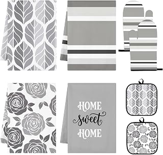Grey Floral Kitchen Decor Set, Gray Rose Kitchen Towels, 8 Pcs | Farmhouse Dish Towels with Oven Mitts and Pot Holders Sweet Home Accessories Decorations for Home Cooking Baking Gift