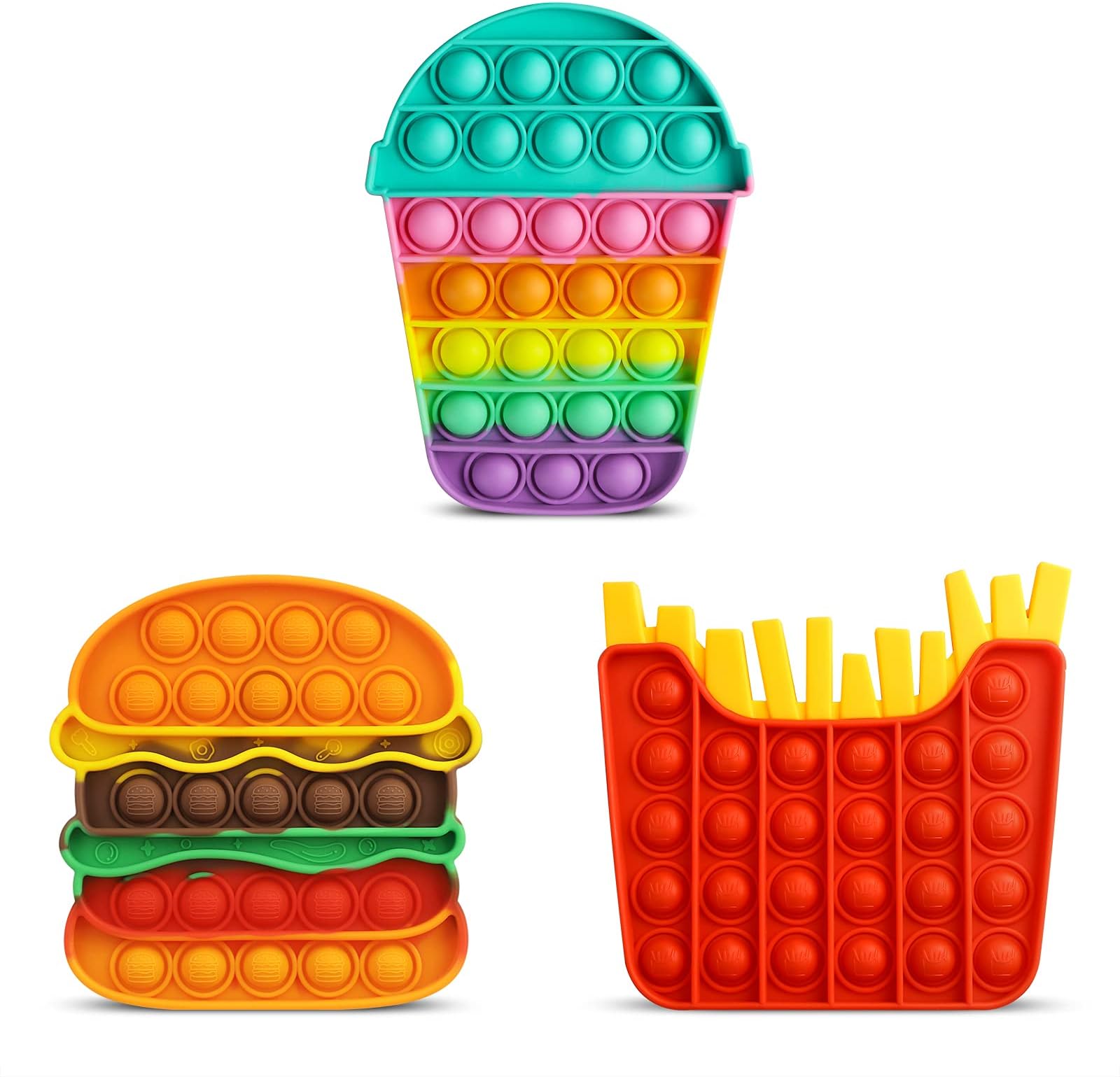 Aemotoy 3Pcs Push Bubbles Fidgets Sensory Toys for Kids Adults Silicone Popper Rainbow Hamburger Stress Relief Toys Christmas Birthday Gift for Girls Autism ADD ADHD, Hamburger Fries Cup