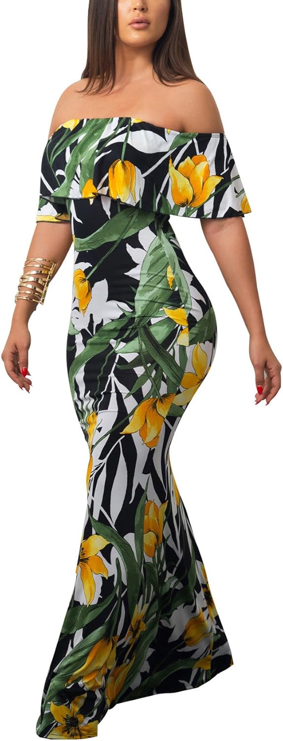 Suimiki Vintage Ruffle Plain Floral Printed Off Shoulder Bodycon Long Party Maxi Dress Dark Green Small - Image 2