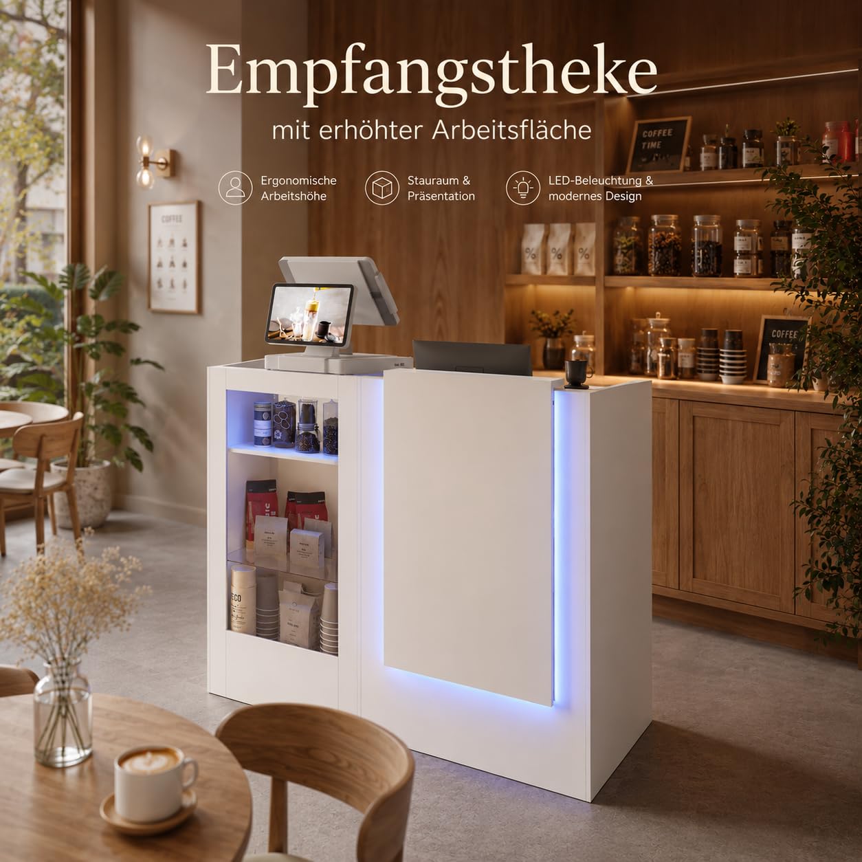 Caldion Moderno mostrador de recepción con iluminación LED con cajón de tatuaje, mostrador de recepción de cristal templado, mesa de recepción en forma de L, color blanco, 120 x 100 x 103 cm