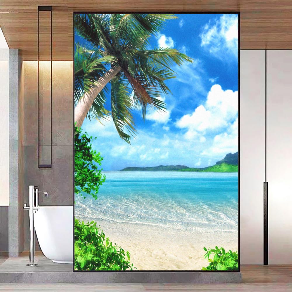 Privacy Window Film Beach Scenery Stained Glass Static Cling Window Treatments Window Coverings Glass Sticker Decorative Film for Siding Glass Door Home Decor 17.7"x63"(45x160cm)