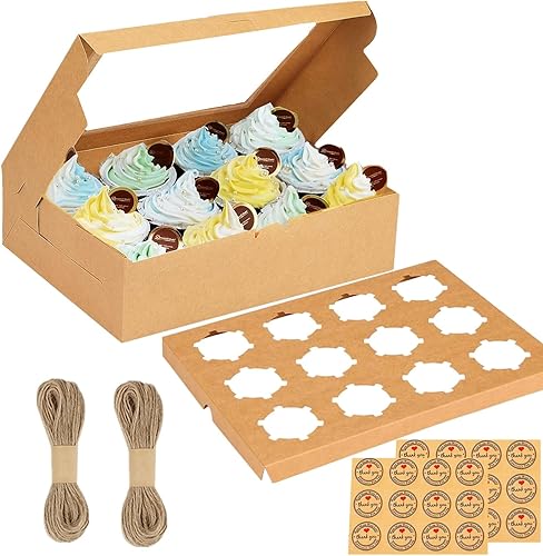 GUIFIER 15 cajas blancas para cupcakes, 12 unidades con ventana e insertos, portador de cupcakes de cartón, caja de papel para panadería, cajas de