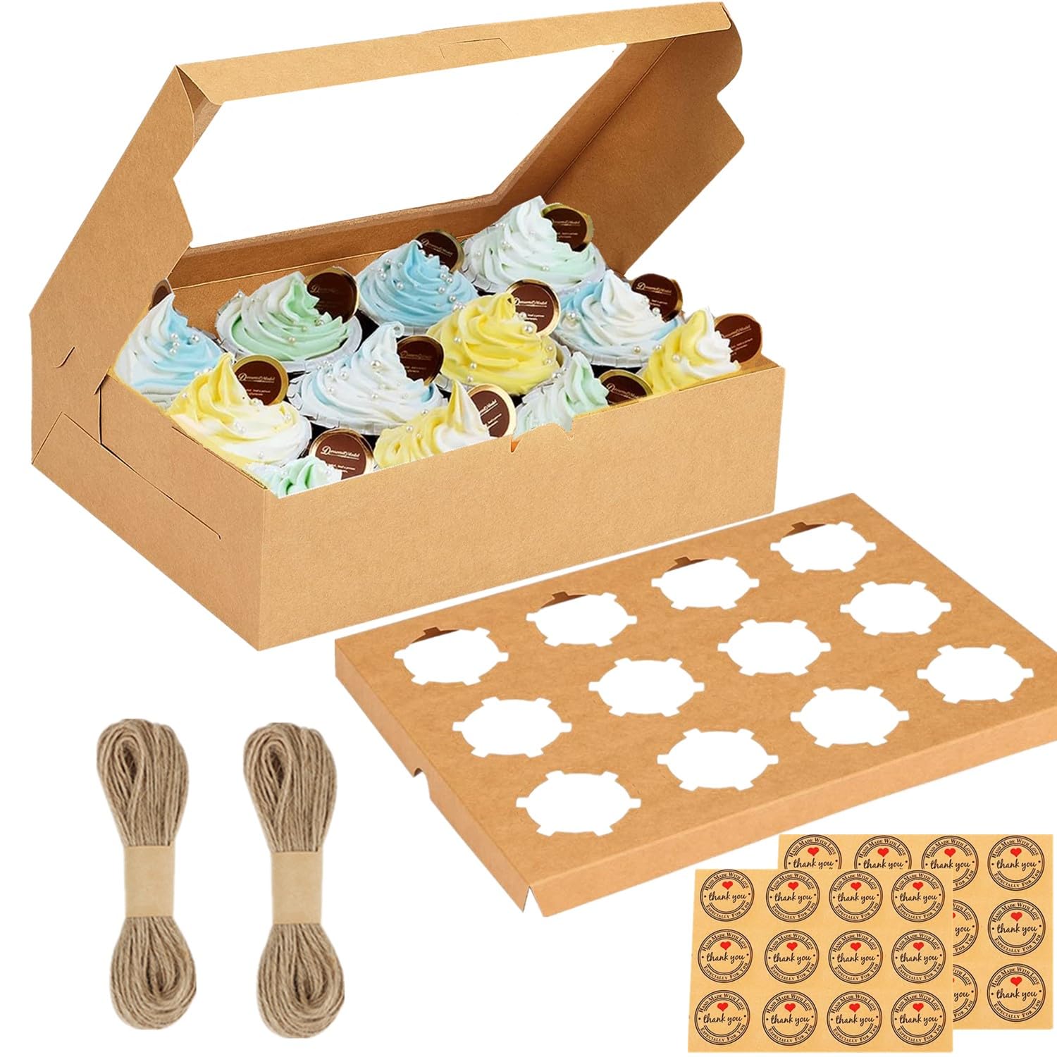 GUIFIER 15 Pack Bakery Cupcake Boxes with Window and Inserts, 12 Count Cupcakes Carrier, Cupcake Containers, Kraft Cookie Boxes Muffin Box Pastry Box Treat Gift Boxes for Cup Cake, Dessert (Brown)