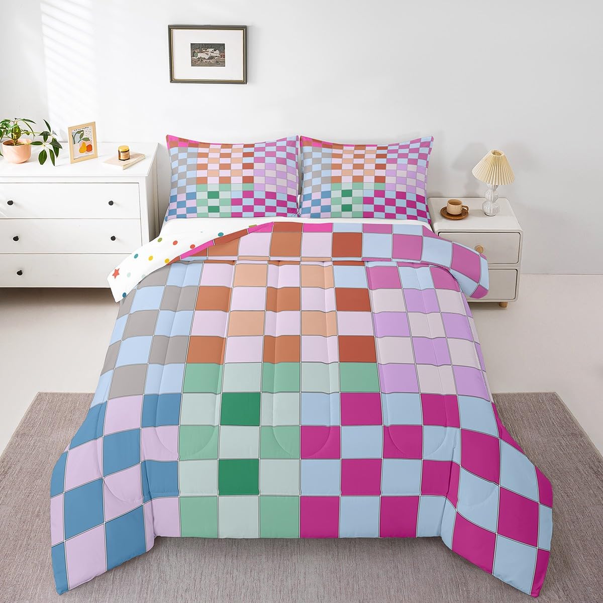 Erosebridal Colorful Buffalo Plaid Comforter Set Queen Geometric Grid Checkered Bedding Set Rainbow Ombre Checkerboard Quilt Set for Kids Boys Girls Women,Groovy Aesthetic Duvet Set