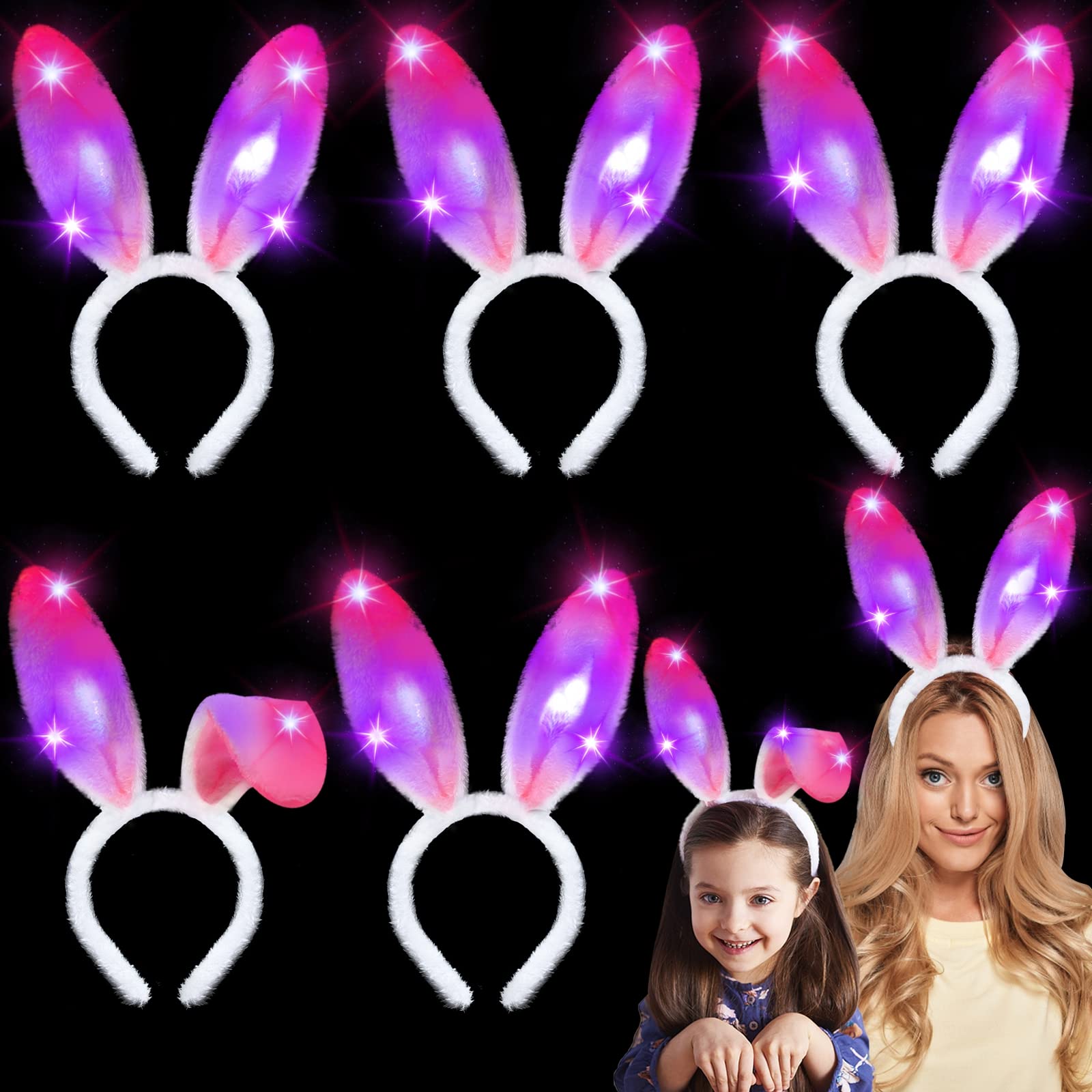 Camlinbo6 Pack LED Easter Plush Bunny Ears Headbands,3 Modes Light Up Fluffy Pink Rabbit Ear Hairband Bunny Cosplay Costume Accessories for Kids Adults Women Girls Easter Basket Stuffers Party Favors