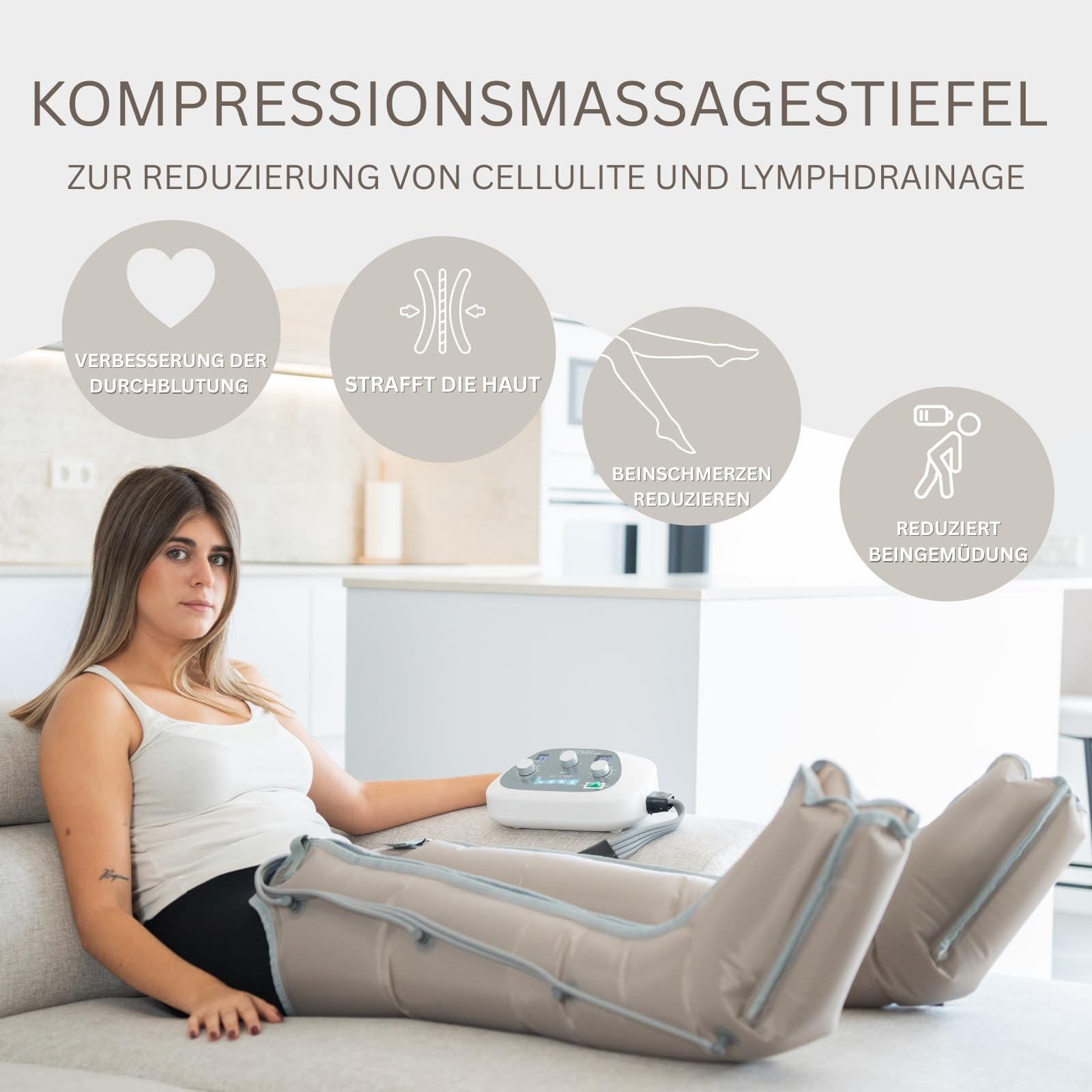 Beinmassagegerät mit Luftdruck – Pressotherapie für Zuhause, 30–250 mmHg, 4 Modi, 4 überlappende Zonen, Entspannung & Komfort（Steuereinheit & Beinmanschetten）