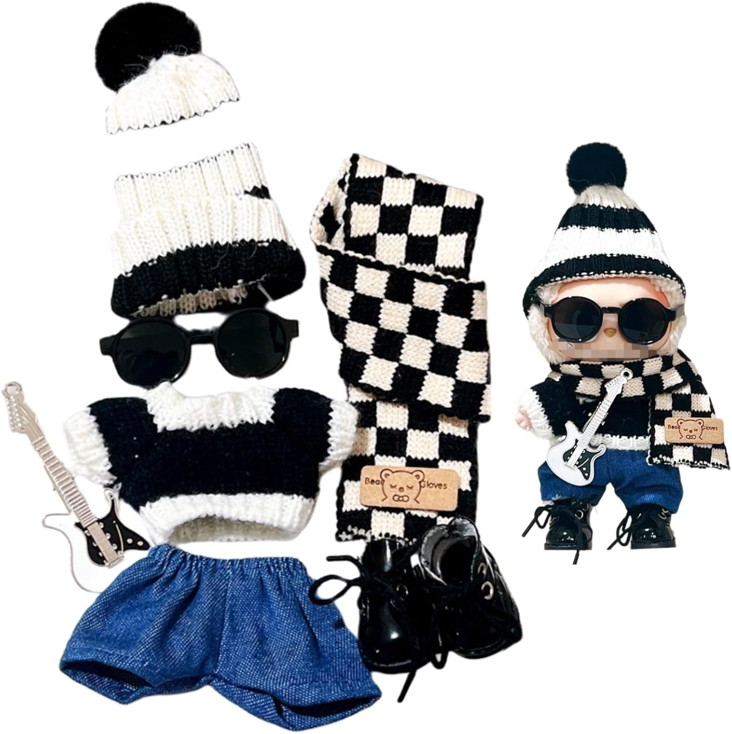 for Labubu Rockstar Outfit Set – Trendy Knitwear with Hat, Sweater, Jeans, Boots, Glasses, Scarf & Guitar (Black Set)