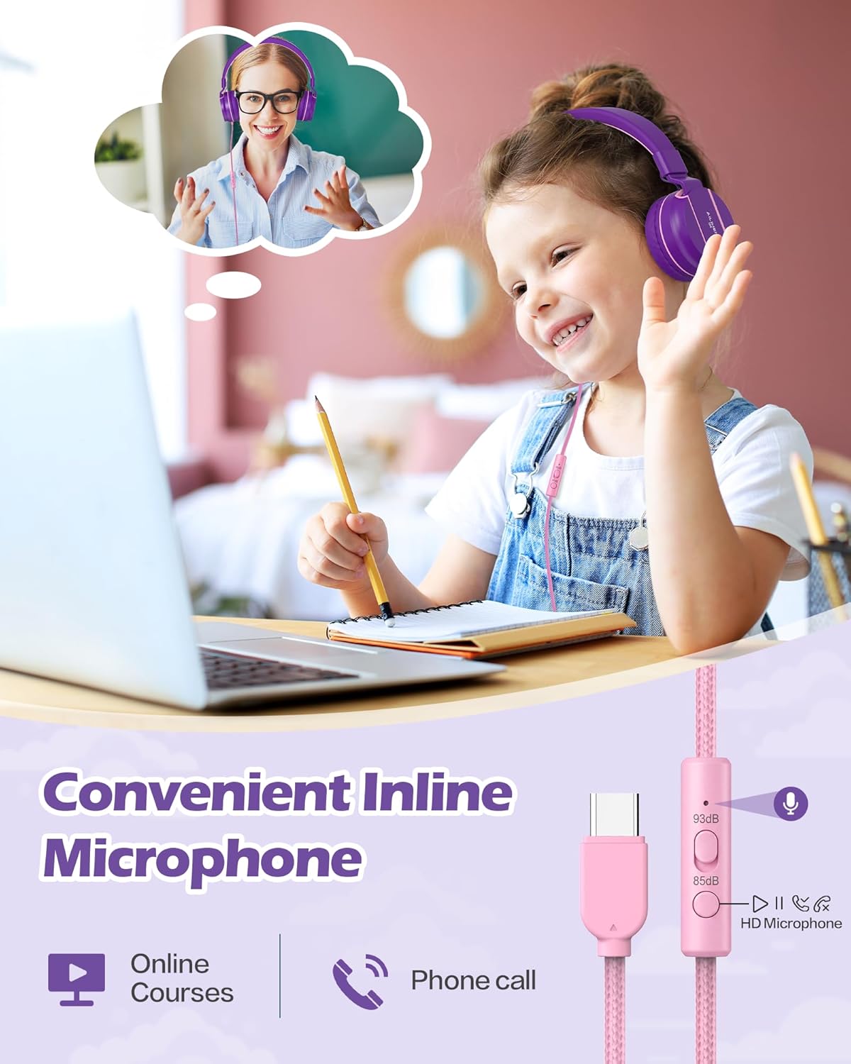 AILIHEN USB C Headphones with Mic for Kids, 85dB&93dB Volume Limited, Foldable for Travel & Storage, Comfortable for School, Homework and Family Use, Work with Laptop, Chrombook, Computer, Tablet 4 71LK9zWAnmL. AC SL1500