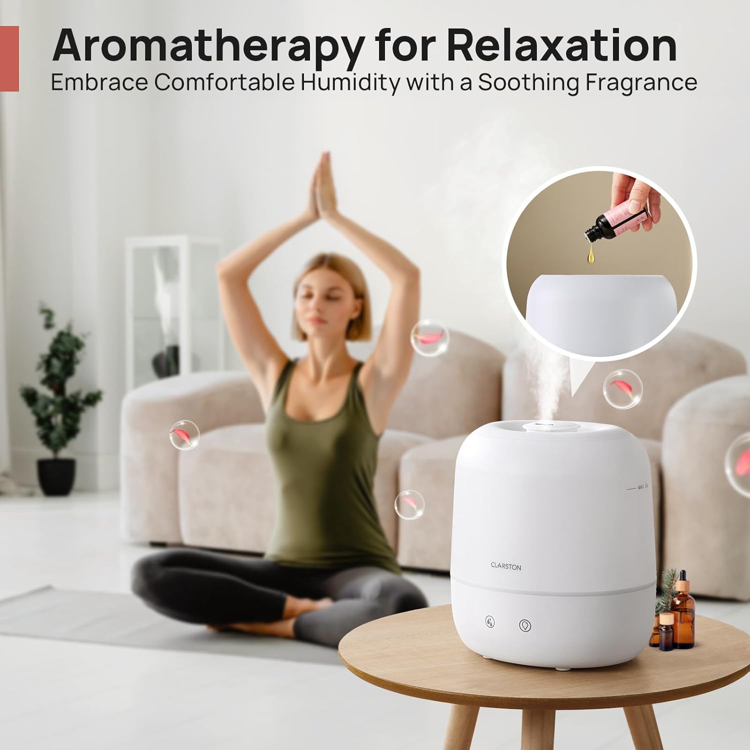 Clarston Humidifiers for Bedroom, 2L Top Fill with 360° Nozzle for Large Room, 7-Color Night Light, 24dB Quiet Cool Mist Air Humidifier for Baby Nursery & Plants, No BPA, Auto Shut Off, Easy to Clean