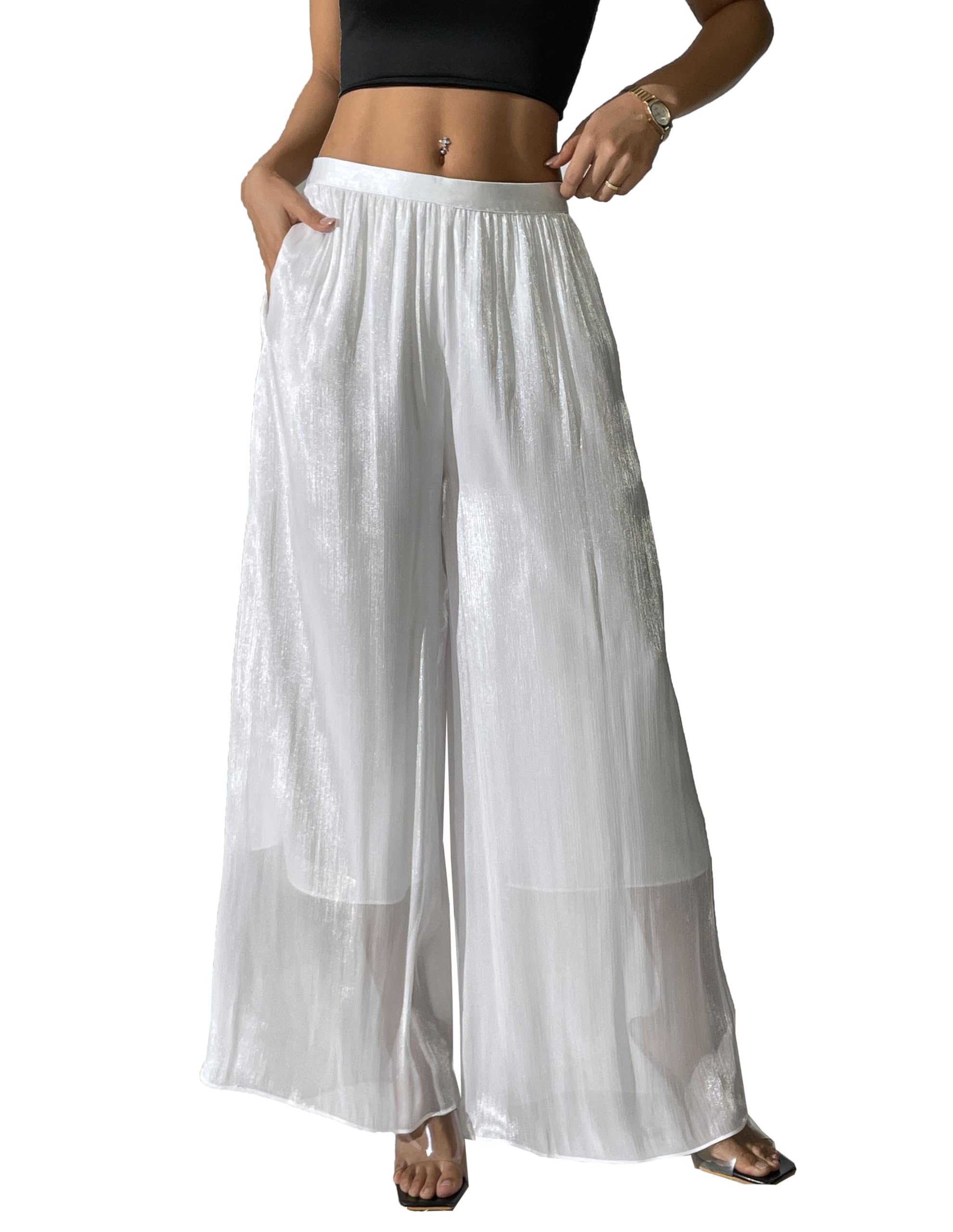 Womens Silky Shiny Wide Leg Palazzo Pants Chiffon Dressy Casual Slacks Trendy Pants