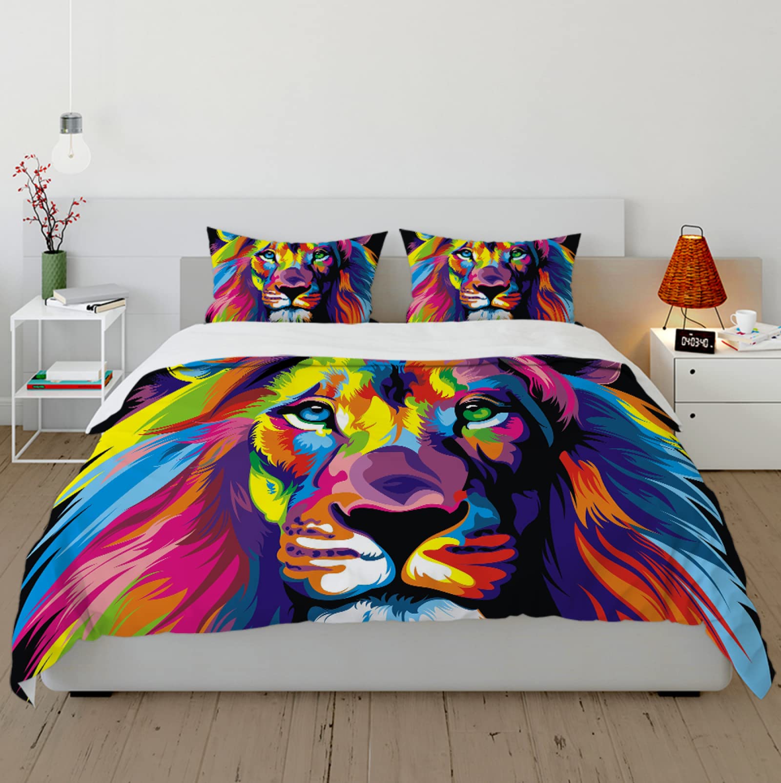 Zabawne Zwierzę Koc na kołdrę Kolorowy Lew Koc z 2 poduszkami Cute Wildlife Theme 3-częściowy miękki zestaw pościeli dla dzieci 155 x 200 cm