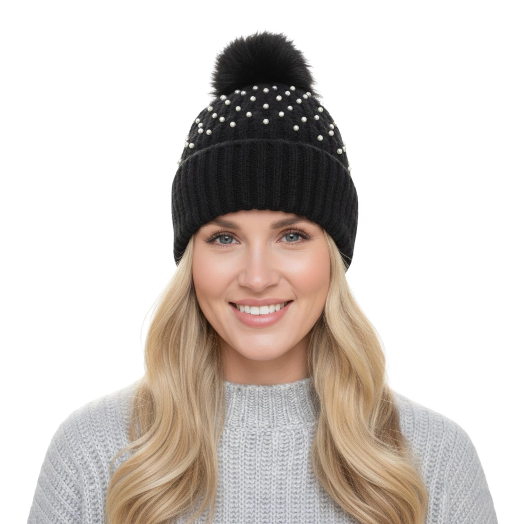 A2z Women's Black Hats Ribbed Pearls Knitted Bobble Beanie Faux Fur Pom Pom - Hat Lh896 One Size