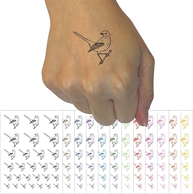 Alert Mockingbird Bird Temporary Tattoo Water Resistant Fake Body Art Set Collection - Yellow (One Sheet)