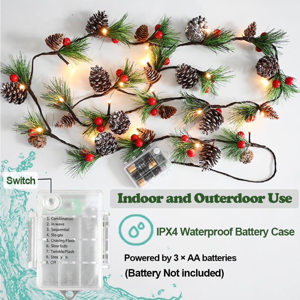 Christmas Garland Lights 6.56FT Holiday Prelit Garlands Pine Cone Red Berry Battery Operated with Remote Garland Wreath Xmas Decor Lights for Outdoor Indoor Christmas Tree Home Frontdoor Decorations - Image 5