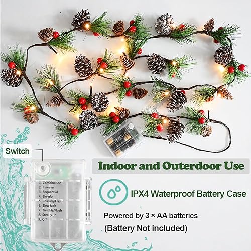 Miniatura 5 de Guirnalda de luces de Navidad, paquete de 2 guirnaldas preiluminadas de 13 pies, 40 LED, guirnalda de piñas rojas con bayas rojas, guirnalda