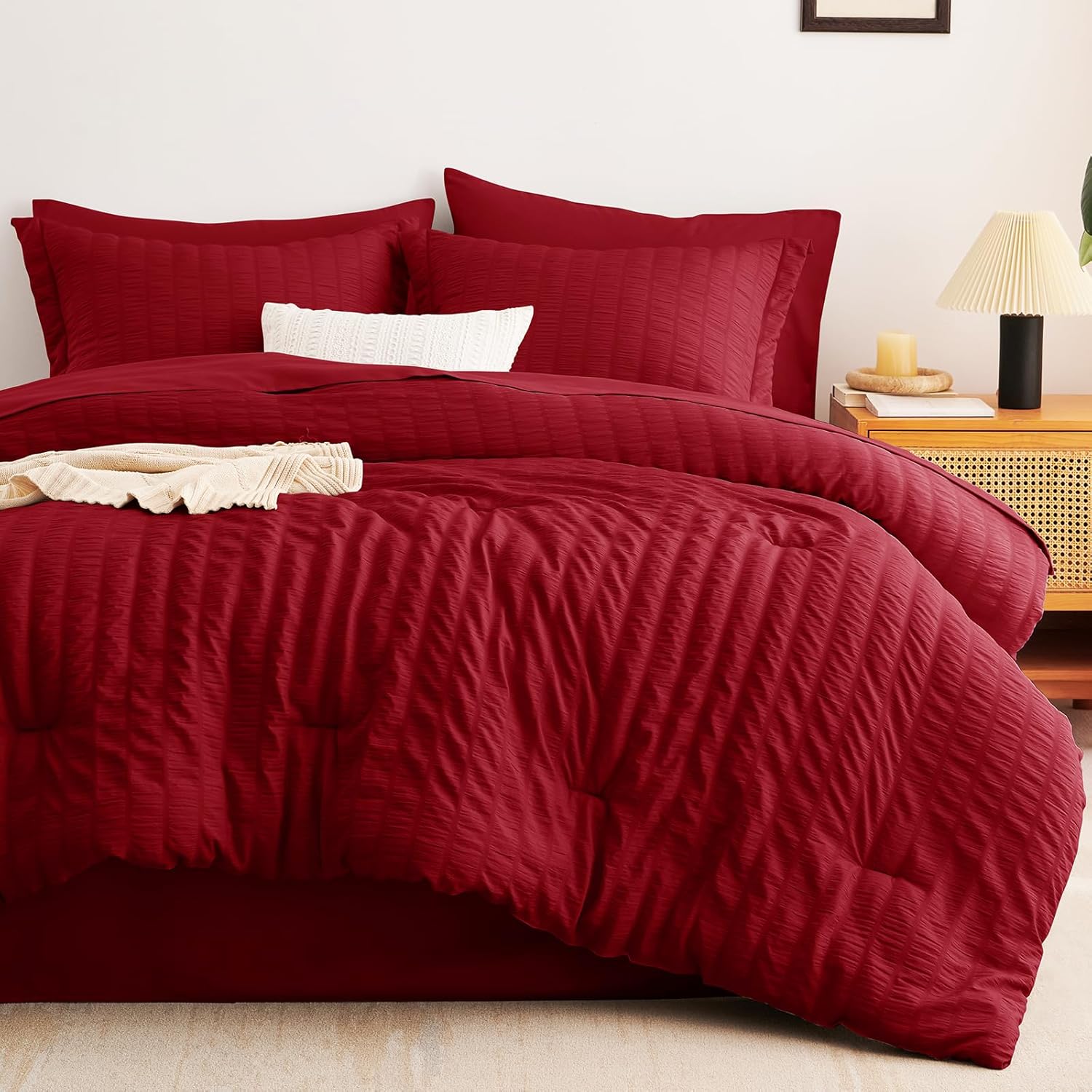 CozyLux King Size Comforter Set Dark Red Seersucker 7 Pieces Bed in a Bag King Comforter Set with Sheets, Luxury Bedding Sets with Down Alternative Comforter, Sheets, Pillowcases & Shams All Seasons - Image 9