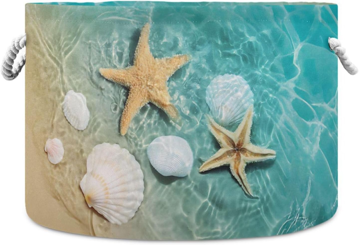 Sea Beach Print Round Storage Basket Collapsible with Handle | Starfish Seashell Large Laundry Hamper Baskets, Clothes Organizer Bins for Nursery Bedroom Living Room Decor, 20"x 20"x 14"