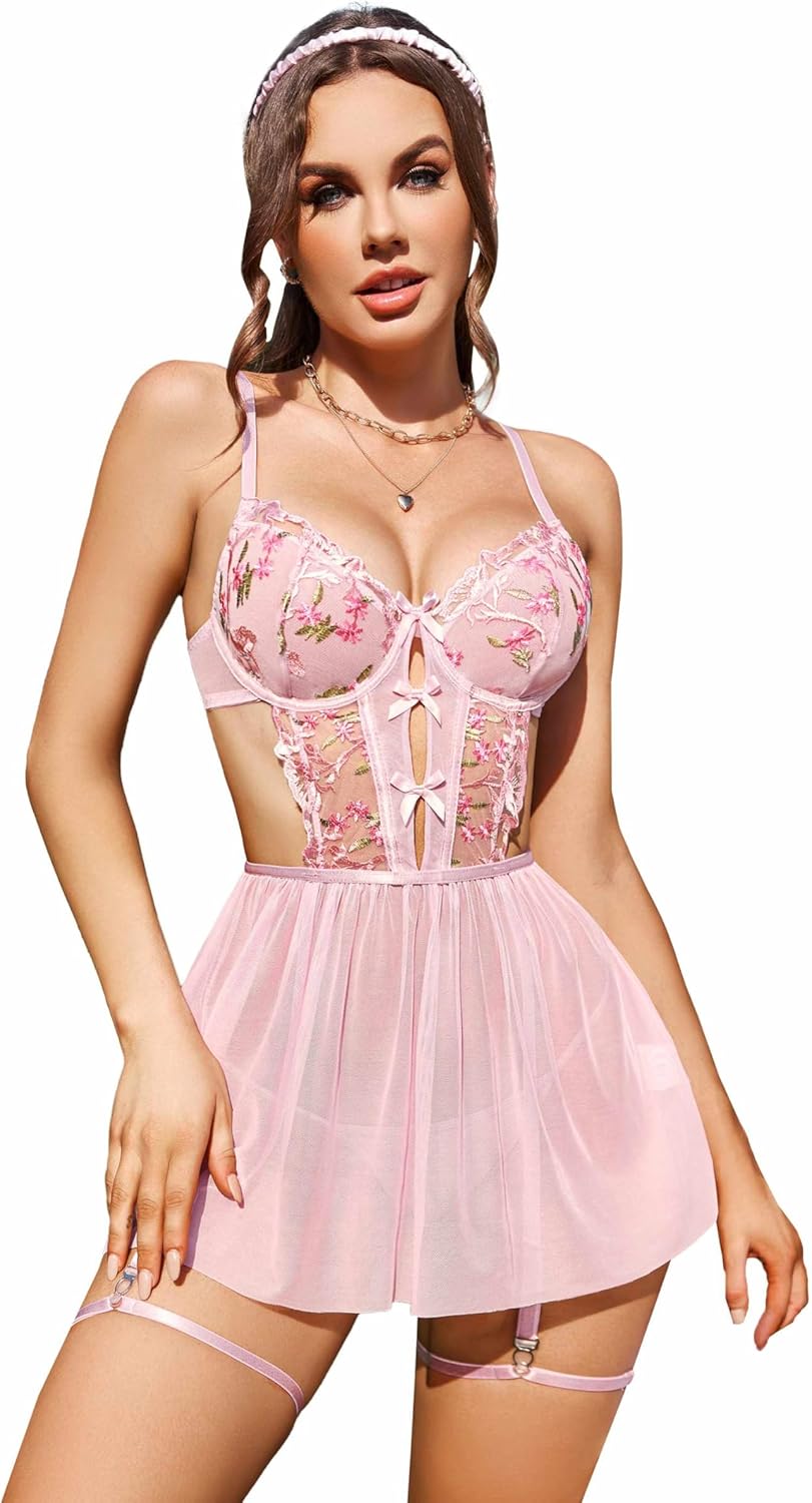 ELESOL Women's Lingerie Lace Babydoll Sleepwear Underwire Chemise Mesh Sexy Nightgown Slip Nightdress Baby Dolls