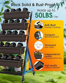 5-Tier Vertical Garden Bed Planter Boxes with Wheels, Drainage System & Storage Space, Mobile Vertical Garden Planter with 5 S-Hooks for Plants Vegetables Flowers Herbs in Garden Patio Yard