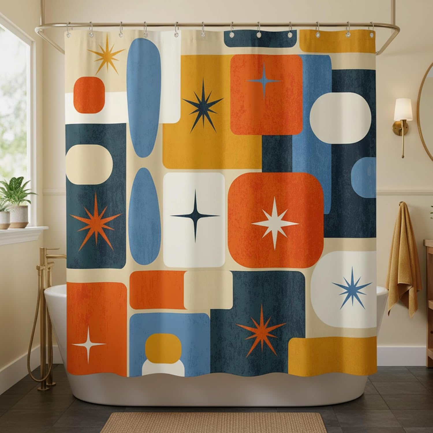 Mid-Century Modern Geometric Shower Curtain, Retro 1950s Atomic Starburst & Abstract Shapes, Vintage Orange Navy Blue Mustard Yellow Aesthetic Bathroom Decor, Waterproof Fabric, 72x72 Inch.