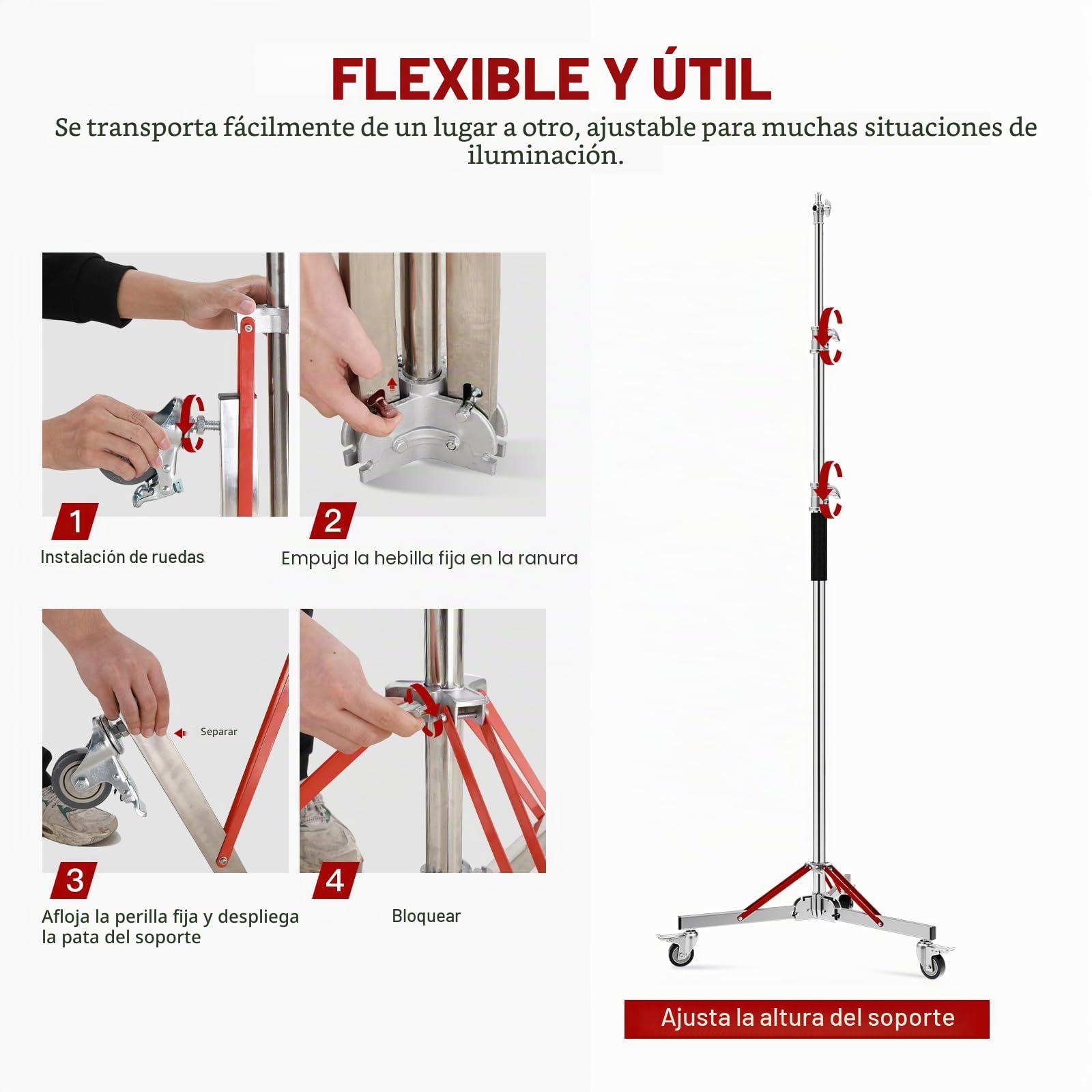 Soonpho WS-300 Pro Light Stand 100% Acero Inoxidable Soporte de Luz C Stand con Ruedas y Boom,Metal Heavy C-Stand Heavy Duty MAX. Altura 300 cm (9.84 pies) para Reflectores,Monolights