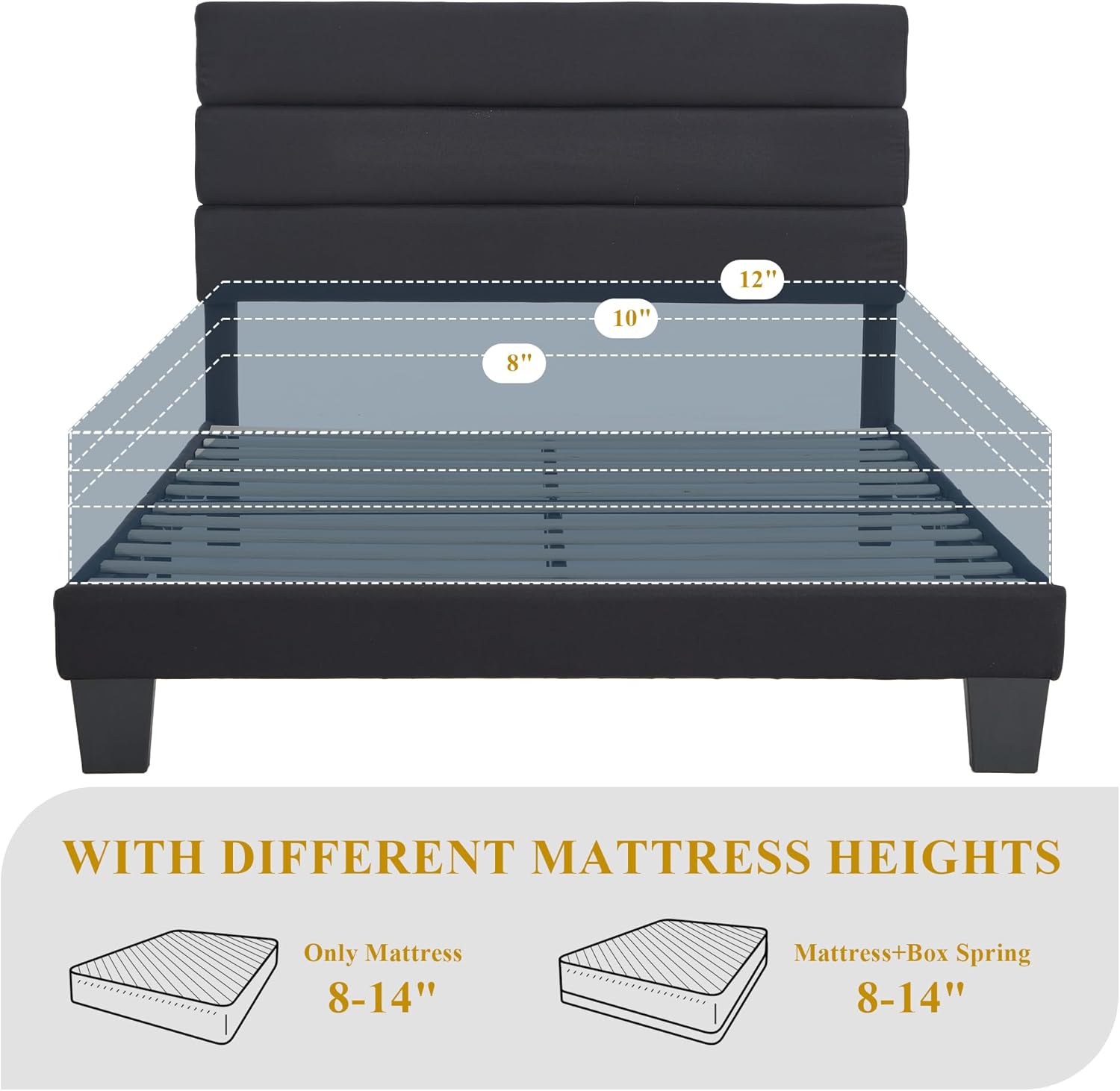 Queen Size Platform Bed Frame, Soft Fabric Headboard Bed Frame with Sturdy Wooden Slats – Modern & Noise Free, Fully Upholstered Mattress Foundation/Easy Assembly (Black, Queen (U.S. Standard))