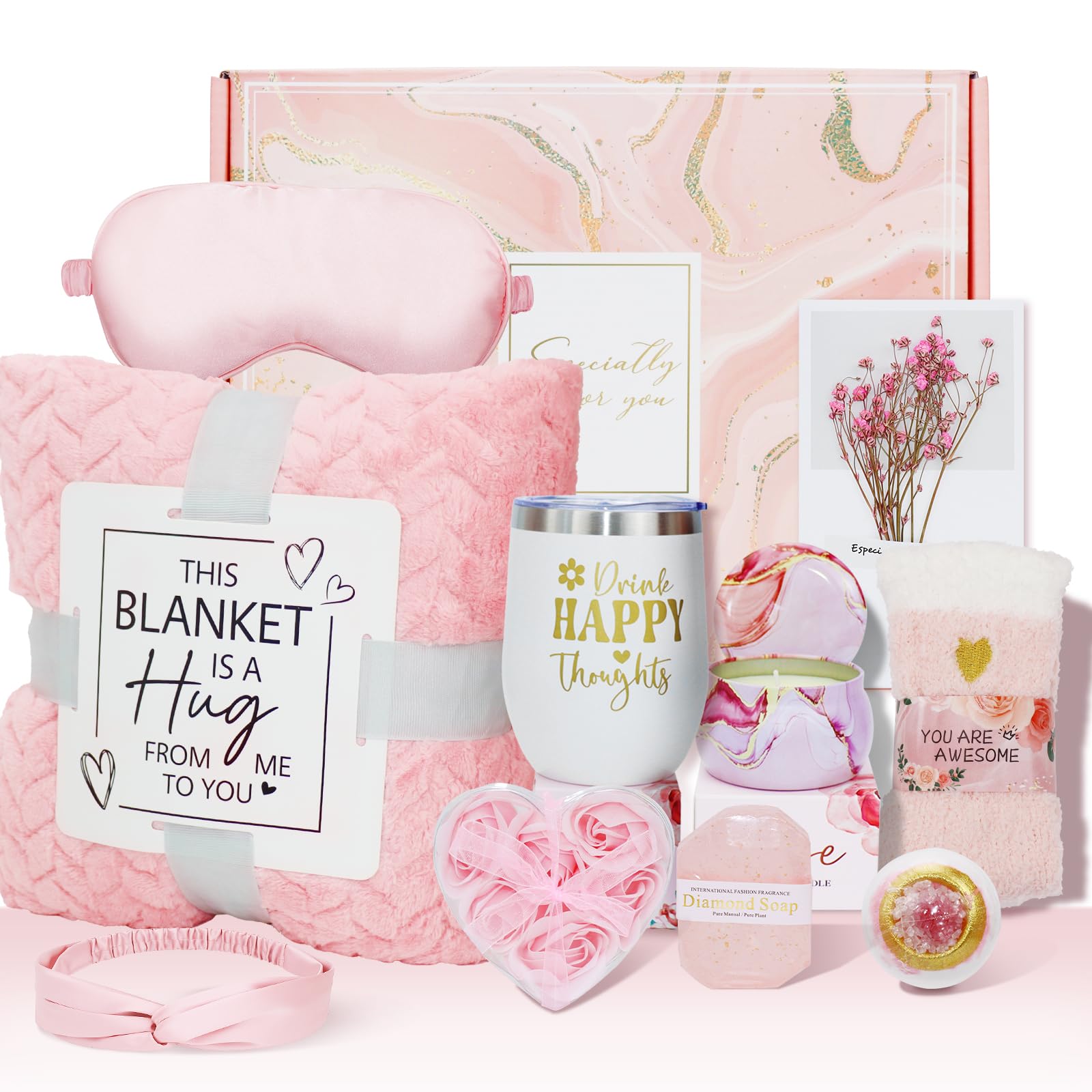 Wellness Geschenke für Frauen - Spa Erholung und Entspannung Set mit Decke, Geburtstag, Muttertag, für Ehefrau, Mutter, Schwester, Freundin, Rosa