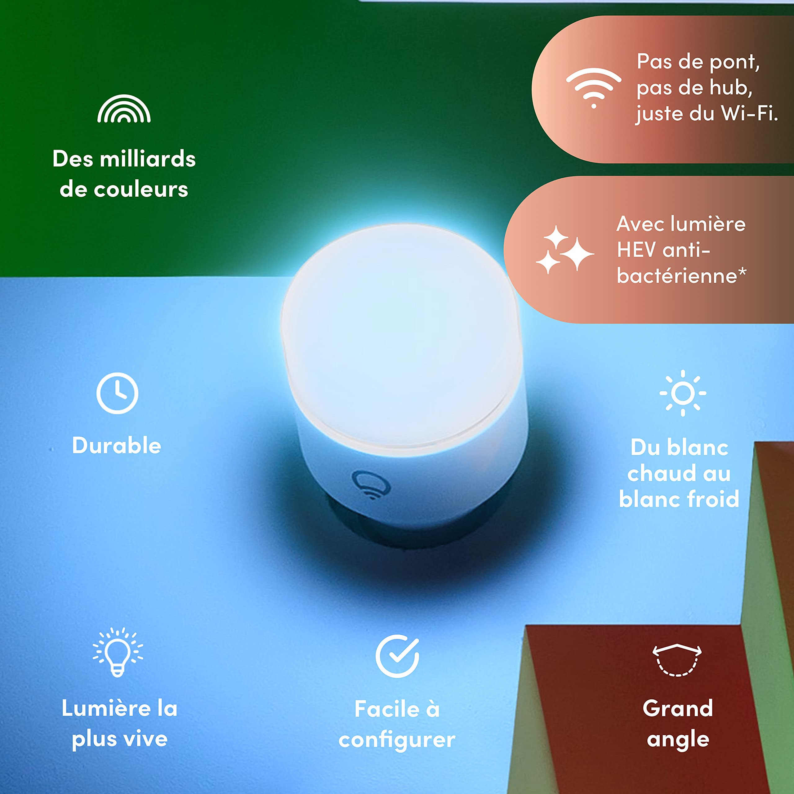 LIFX Clean A60 1200 lumens [B22], Pleine couleur avec lumière HEV antibactérienne, Ampoule LED connectée Wi-Fi, Pas de pont, Compatible avec Alexa, Hey Google, HomeKit et Siri