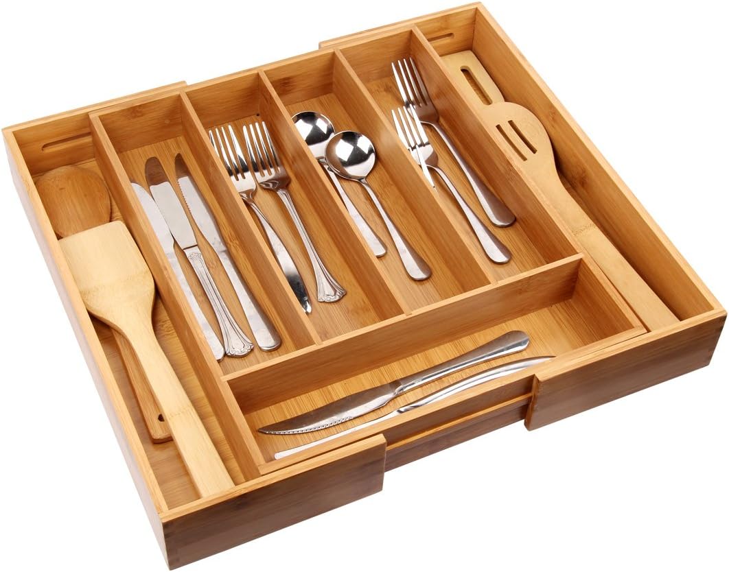 Cutlery Tray with 7 Compartments Flatware Organizer Used for Drawer Organizer Divider Bamboo Holder for Utensils Flatware,Silverware(16*17.7*2.56 inch Large)