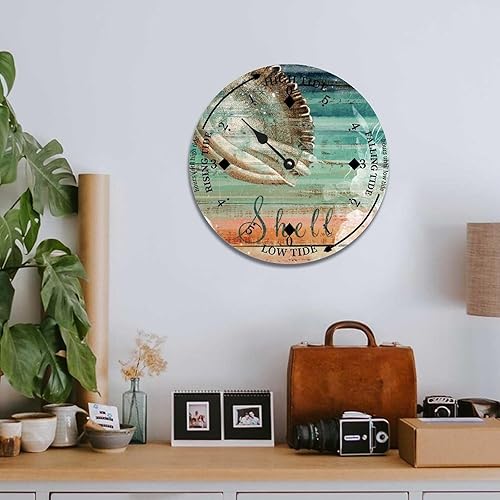 Miniatura 5 de Vintage Shell Tide Clock Beach Ocean Time Wood Tidal Clock with High Tide Low Tide Non-Ticking Battery Operated Tide Clock 10" Tide Movement Clock
