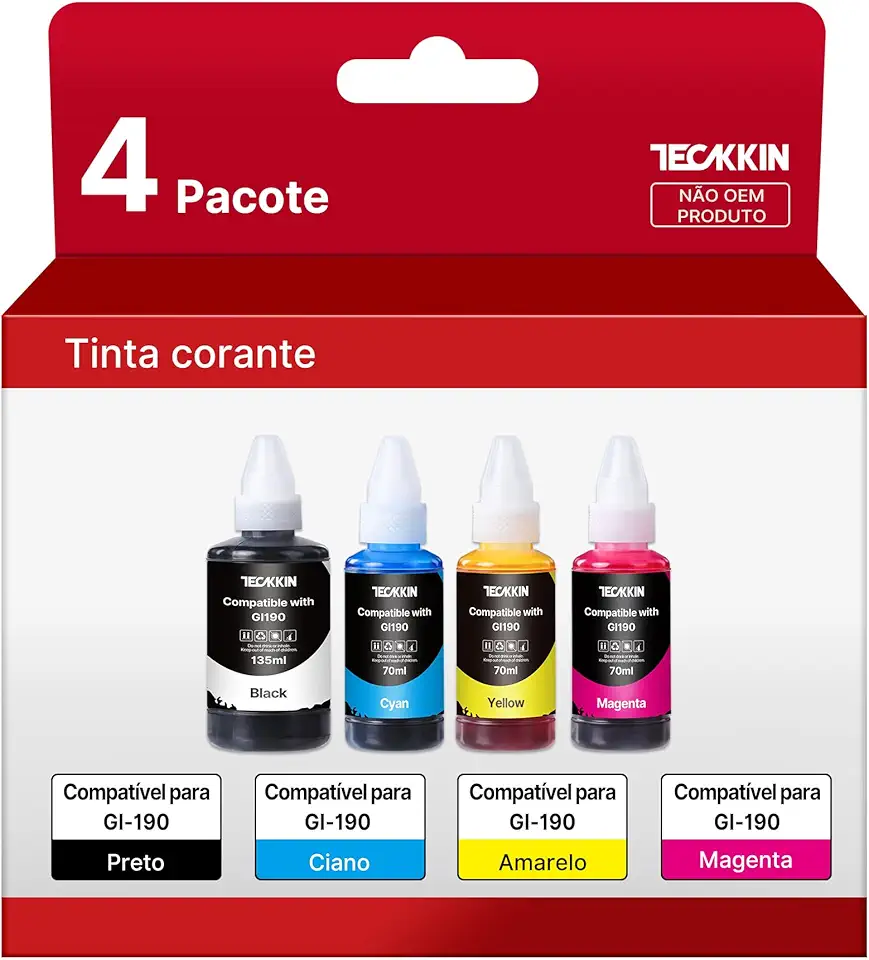 TECKKIN Garrafa de tinta compatível com Canon GI-190 GI190 Compatível com Canon PIXMA G1100 G1110 G2100 G3100 G3102 G3110 G4102 G4110 (4 Botellas)